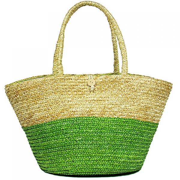 Straw Tote: Woven Wheat Straw Tote - 2 Tones - Lime - BG-R11053LM